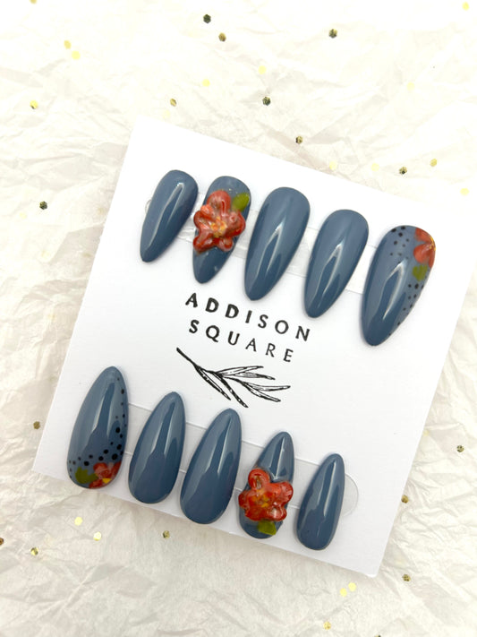 Blue with Red Flower Press Ons